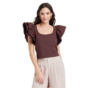 a new day, square neck, ruffle sleeve top, brown, Size L